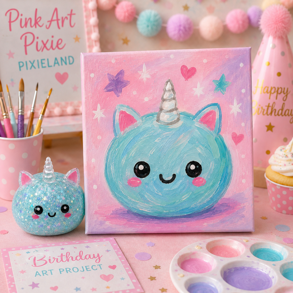 Mystery dumpling squishy beside a colorful hand-painted dumpling portrait canvas for a kids birthday art party at Pink Art Pixie.